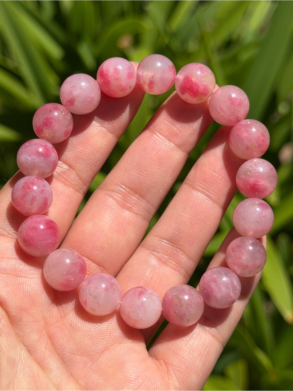 11.5mm Pink Ice Rhodonite Beaded Stretch Bracelet 1782ā